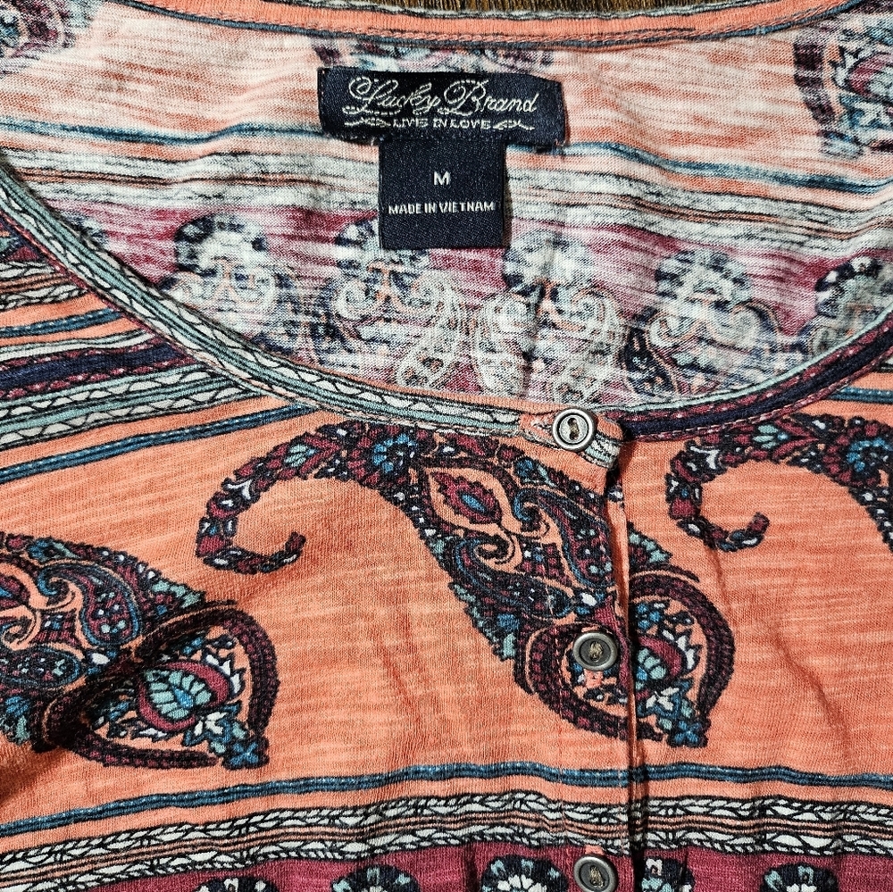 Lucky Brand Salmon Tribal Aztec Henley Shirt Medium - Picture 6 of 8